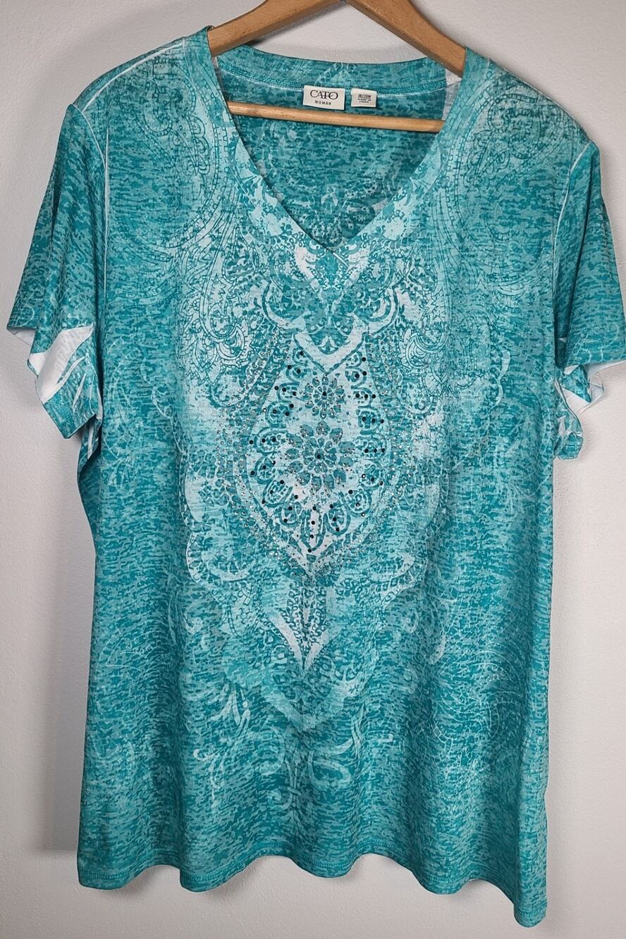 Cato Damask Print Top Women 18/20W V-Neck Rhinestone Boho Chic Whimsical Stretch